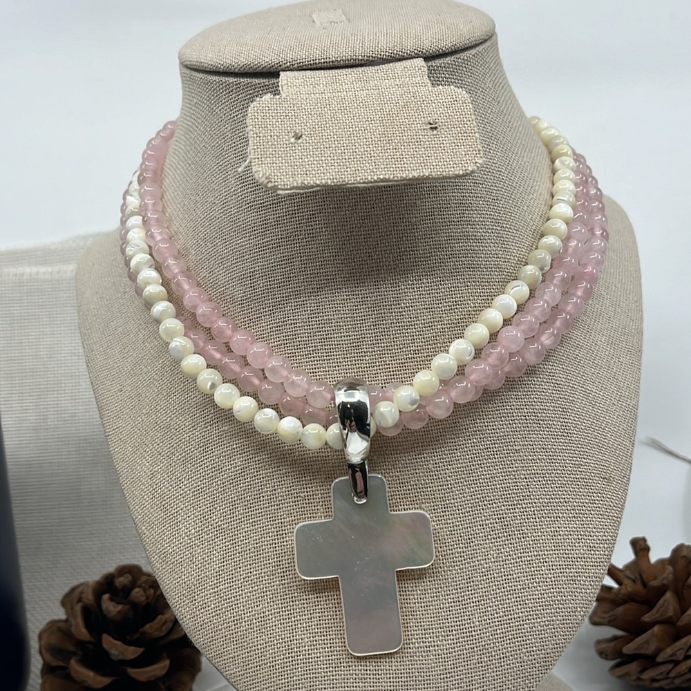 Vintage Rose Quartz Pearl Necklace Set - Mother-of-Pearl Cross Pendant - Picture 3 of 16